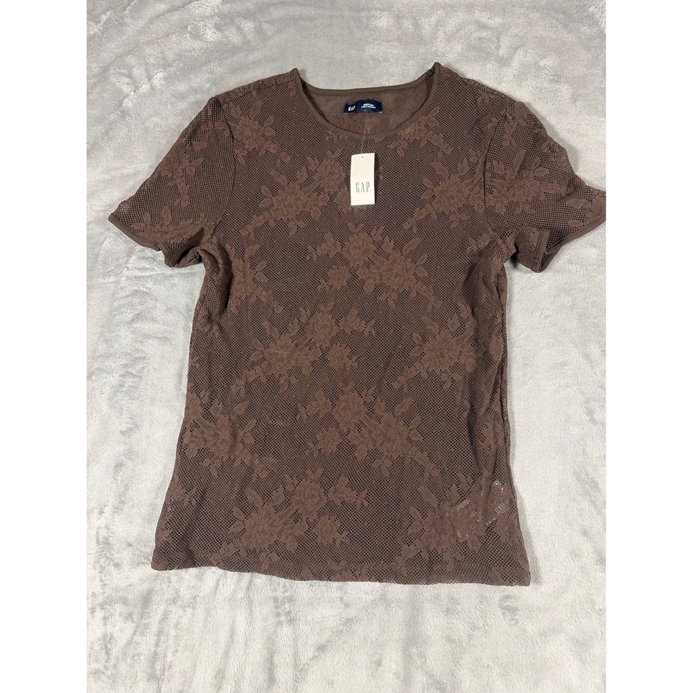 Gap Floral Lace Mesh Short Sleeve Top Terra Brown S/801301-00 Medium